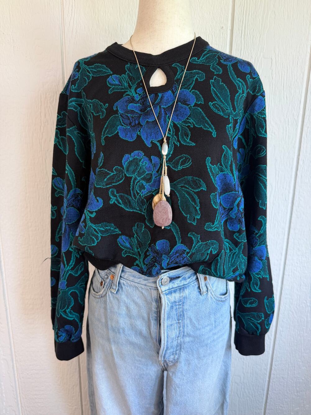 Vintage 80s 90s Cricket Lane Floral Jacquard Sweater Keyhole Black Teal Blue